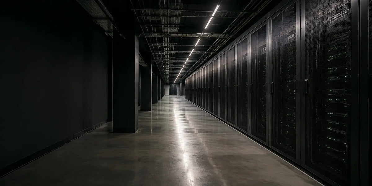 Illustrative data center aisle with rows of server racks.