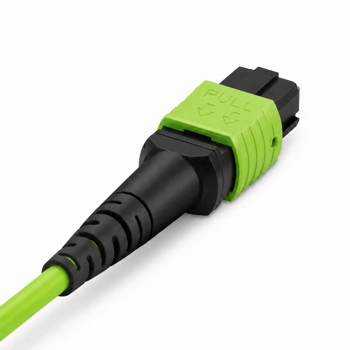 MPO-12 48F OM5 Trunk Cable - side view of a green MPO connector housing and black strain relief