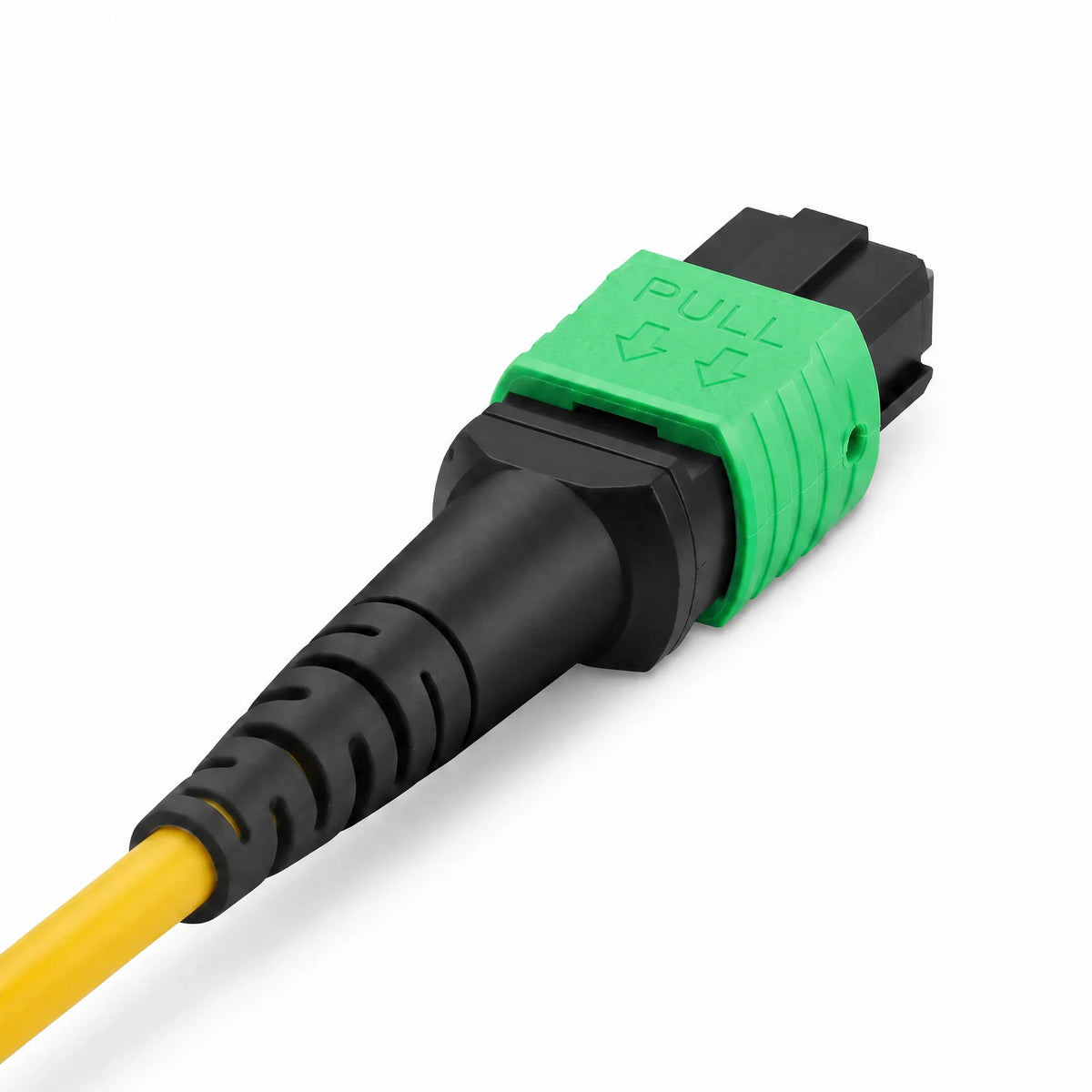 MPO-12 48F OS2 G.657.A1 Trunk Cable - side view of a green MPO connector housing and black strain relief