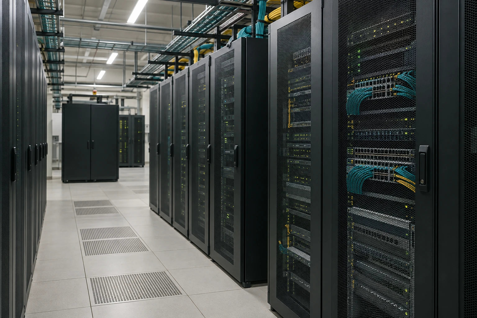 Server racks and overhead cable trays in a data center